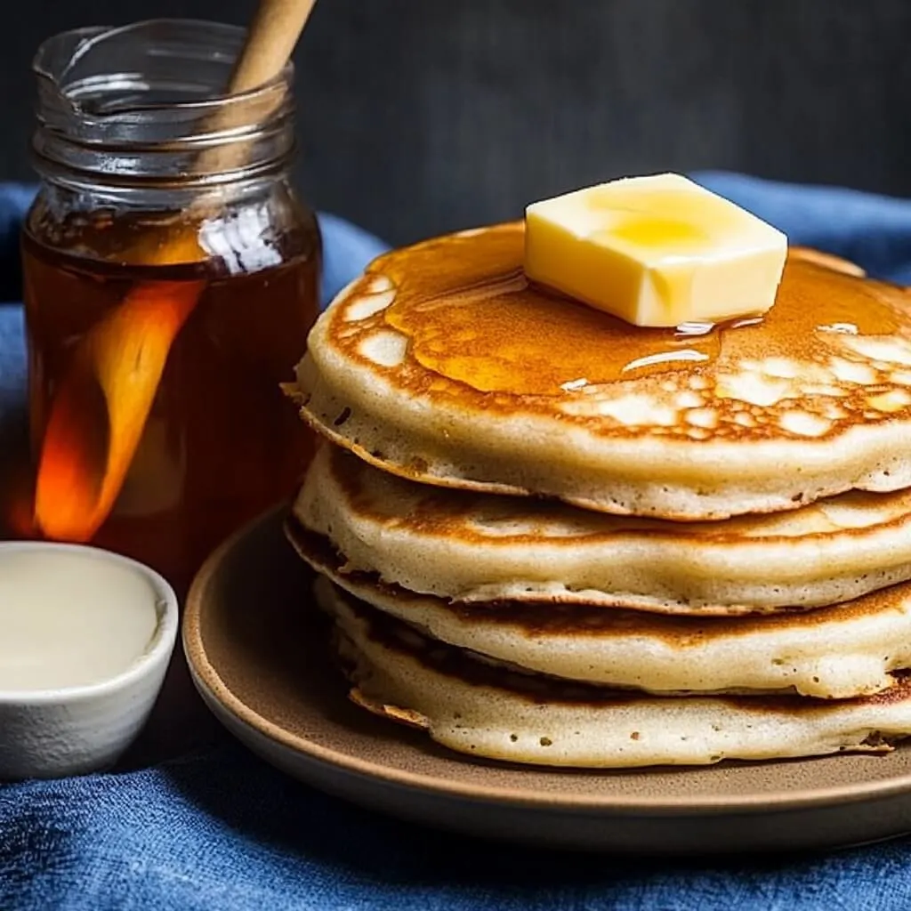 Is it better to cook pancakes with butter or oil 2 A stack of fluffy pancakes topped with a pat of butter and drizzled with maple syrup, served with honey on the side.