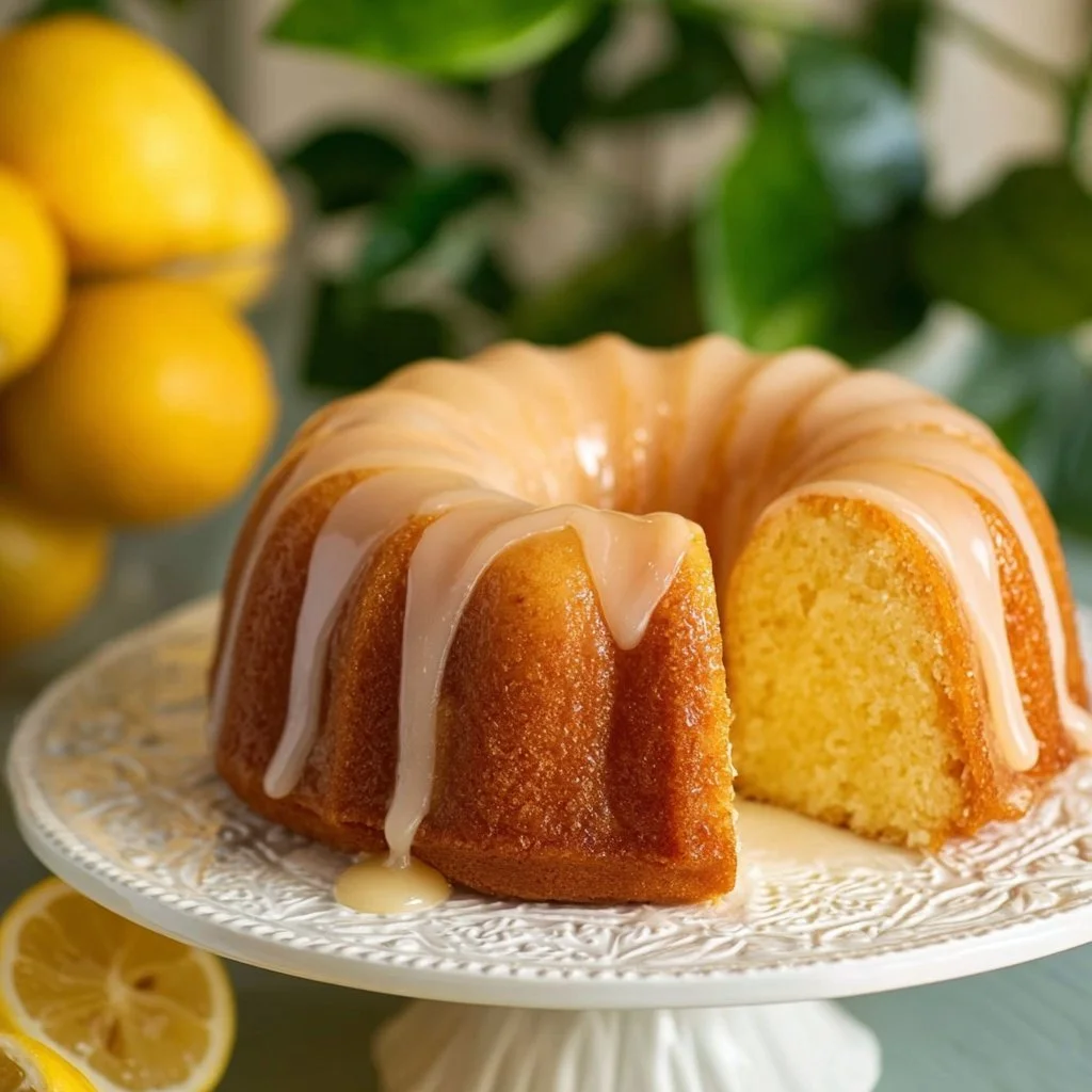 Delicious lemon cake sliced and served on a plate with fresh lemon slices