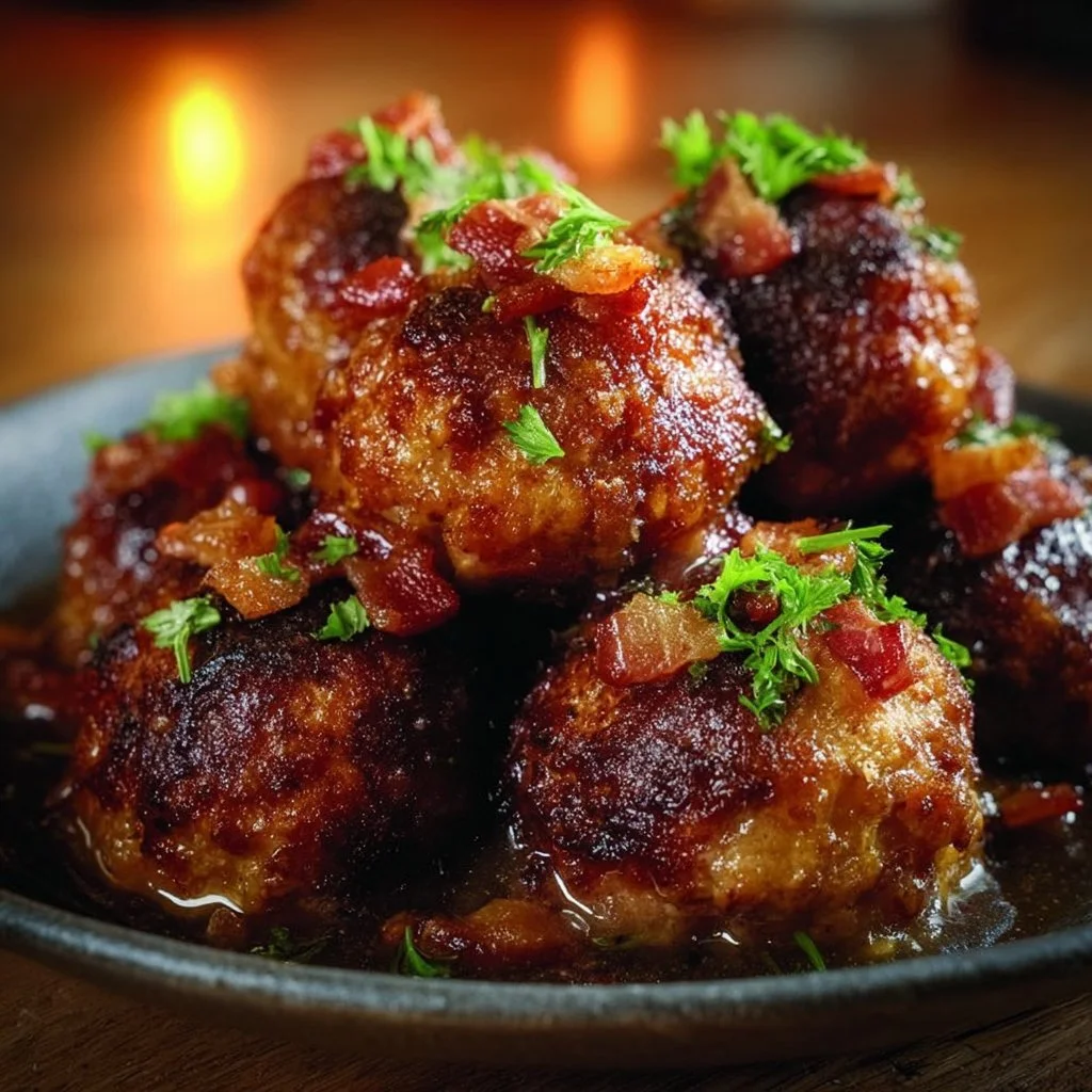 Bourbon Bacon Cheeseburger Meatballs served on a plate