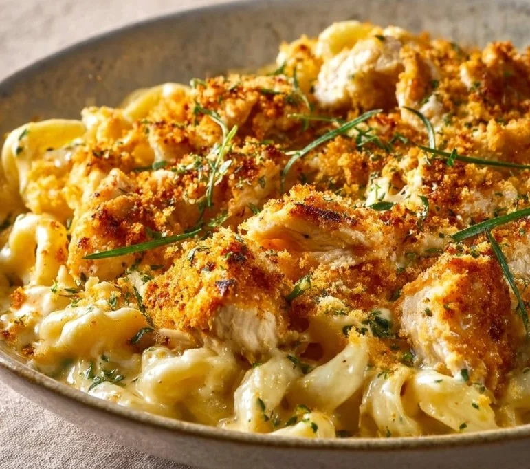 Cajun Chicken Mac and Cheese topped with herbs and spices in a creamy sauce