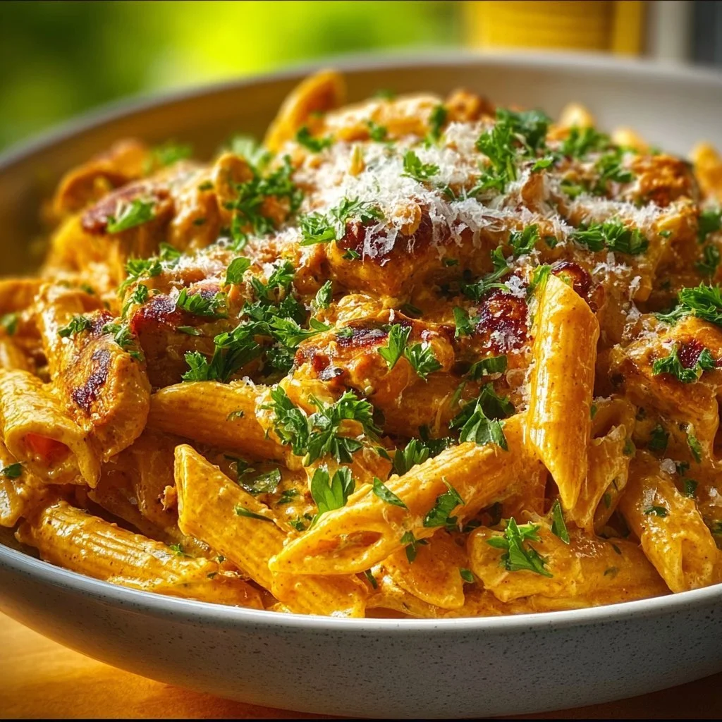 Plate of Cowboy Butter Chicken Pasta garnished with herbs and spices