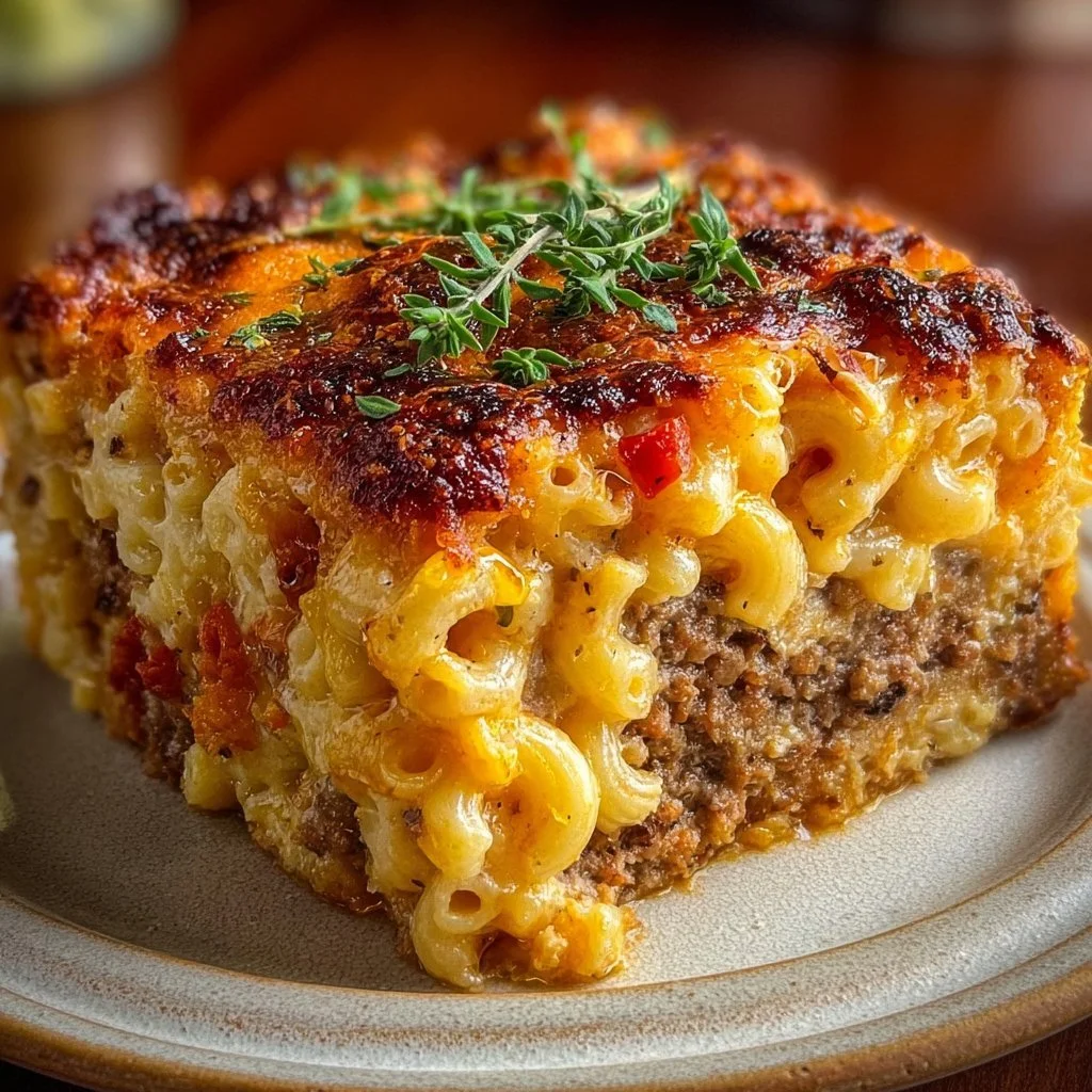 Cozy Mac and Cheese Meatloaf Casserole served in a dish