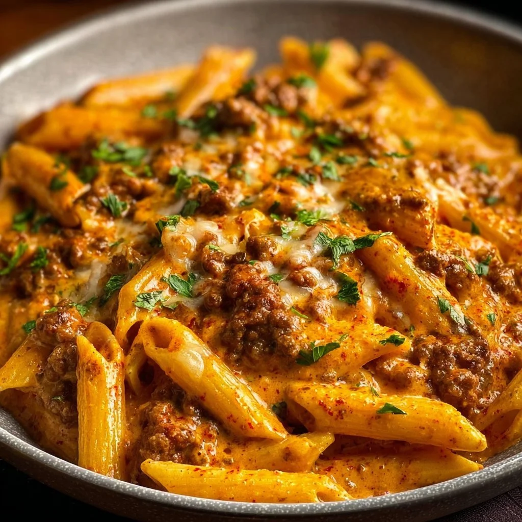 Creamy beef pasta dish with sauce and ground beef served on a plate