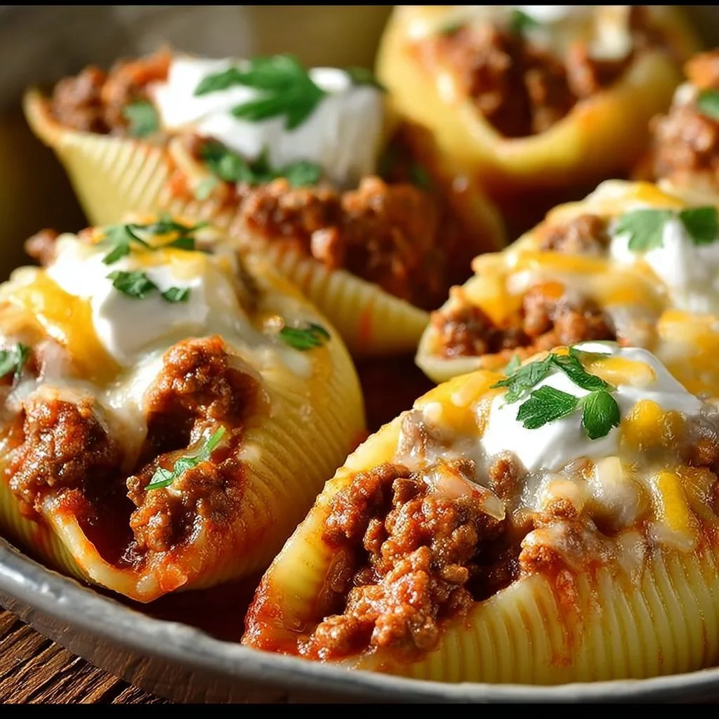 Creamy beef taco stuffed shells topped with cheese and fresh toppings