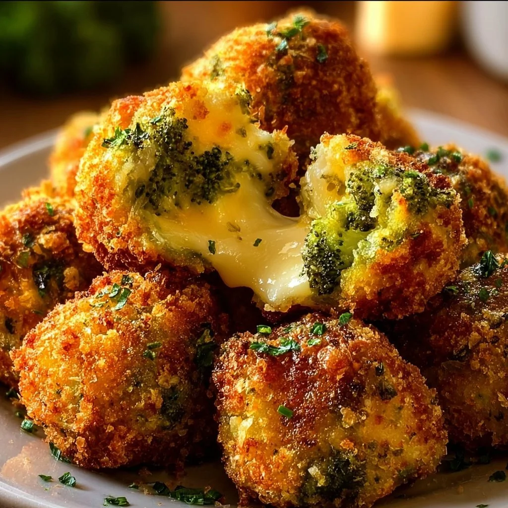 Crispy broccoli cheese balls on a plate, drizzled with sauce.
