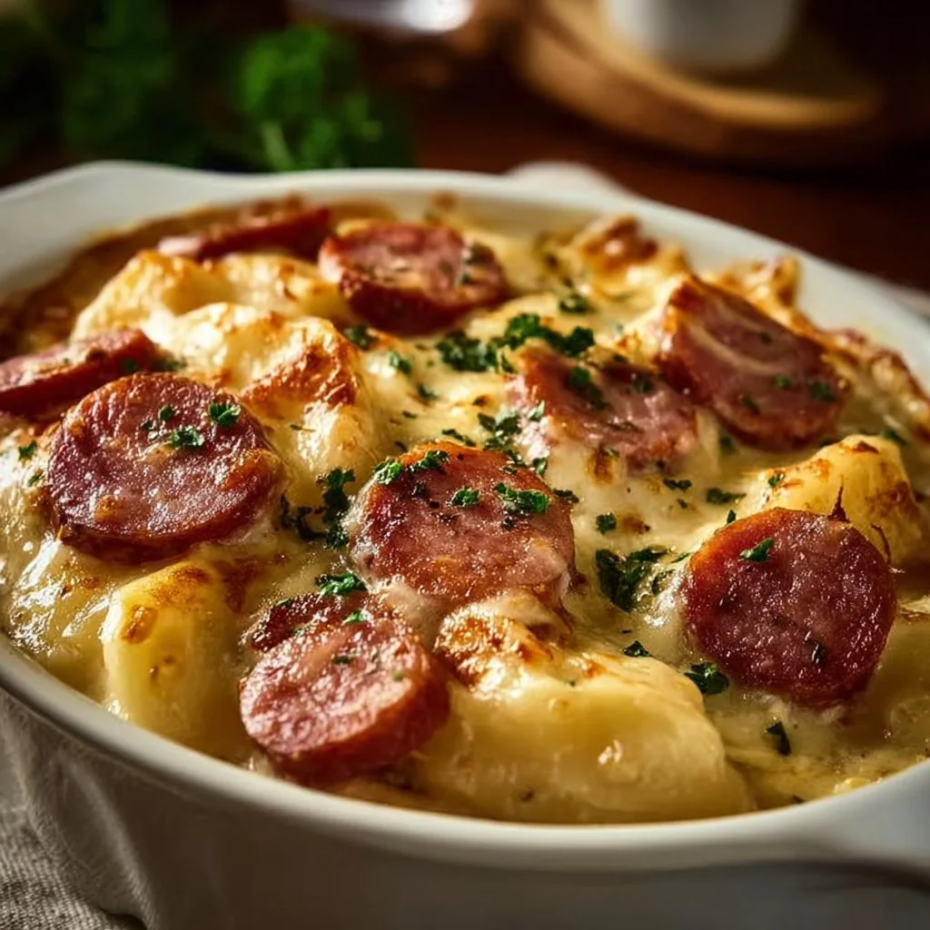 Delicious Crockpot Pierogi Casserole with Kielbasa served in a bowl