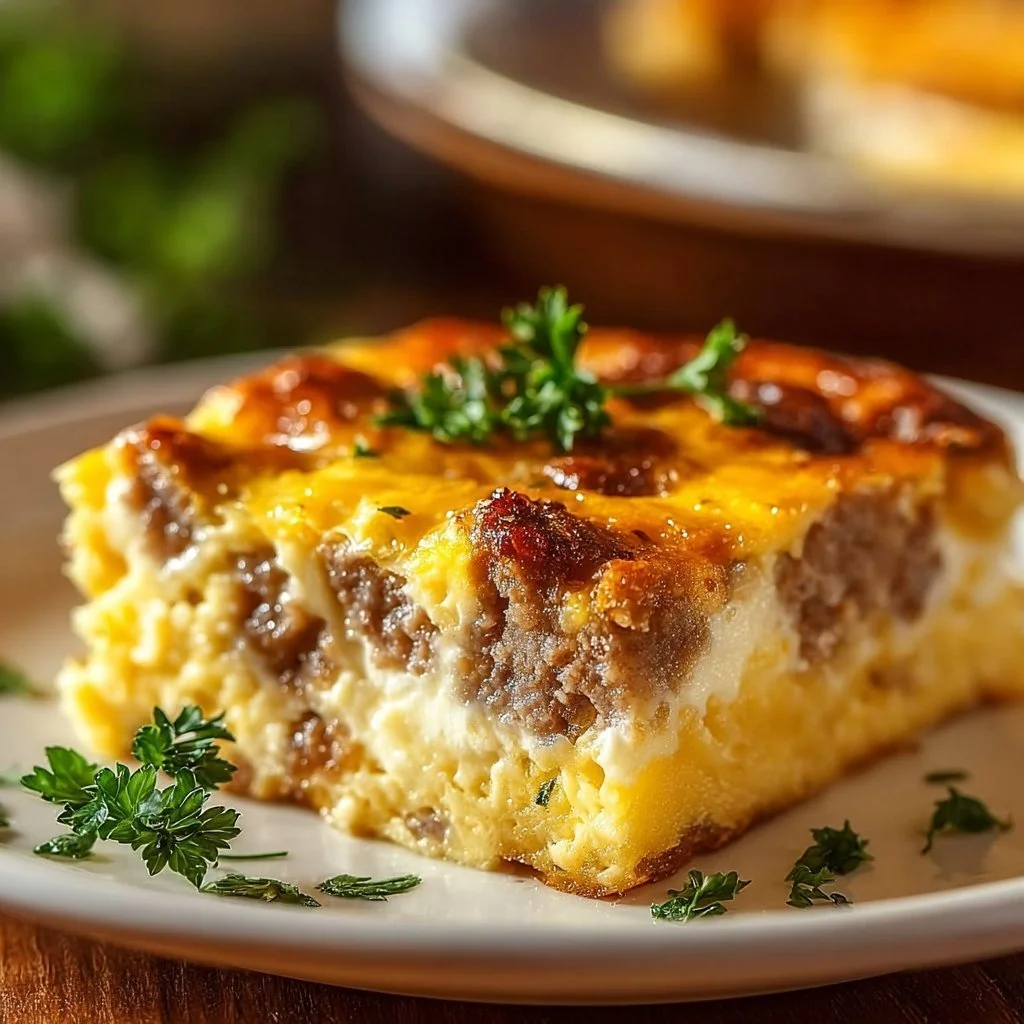 Delicious family-friendly sausage and egg casserole served in a baking dish