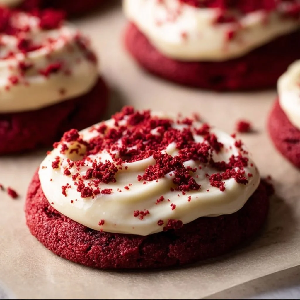 Frosted red velvet cupcake cookies topped with creamy frosting.