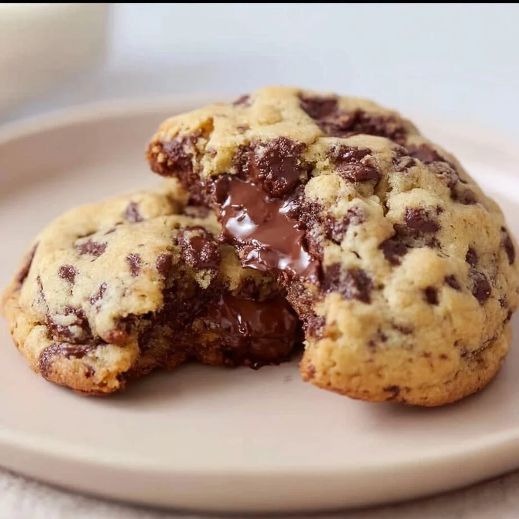 Delicious giant chocolate chip cookies stacked on a plate