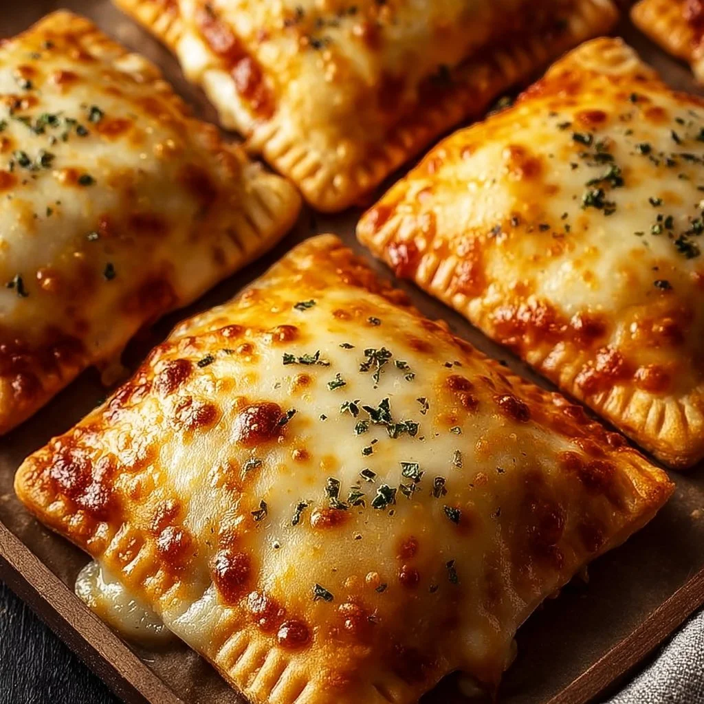 Homemade cheesy pizza pockets filled with cheese and toppings