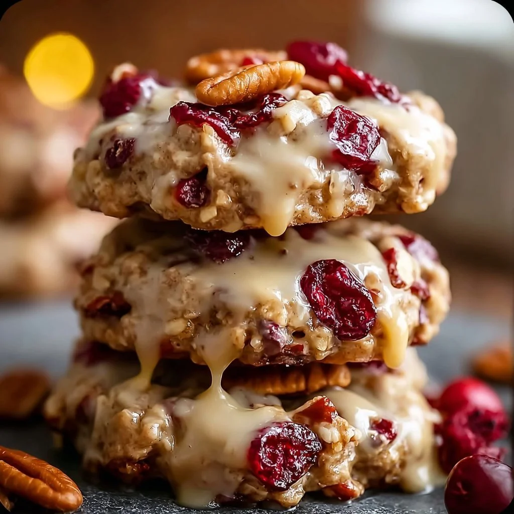 No-bake cranberry pecan praline cookies on a platter