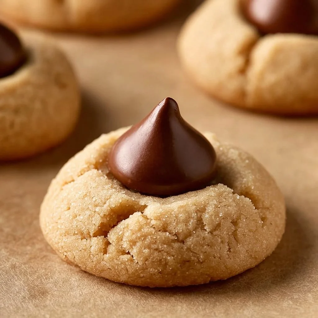 Freshly baked Peanut Butter Blossoms with chocolate kisses on top.