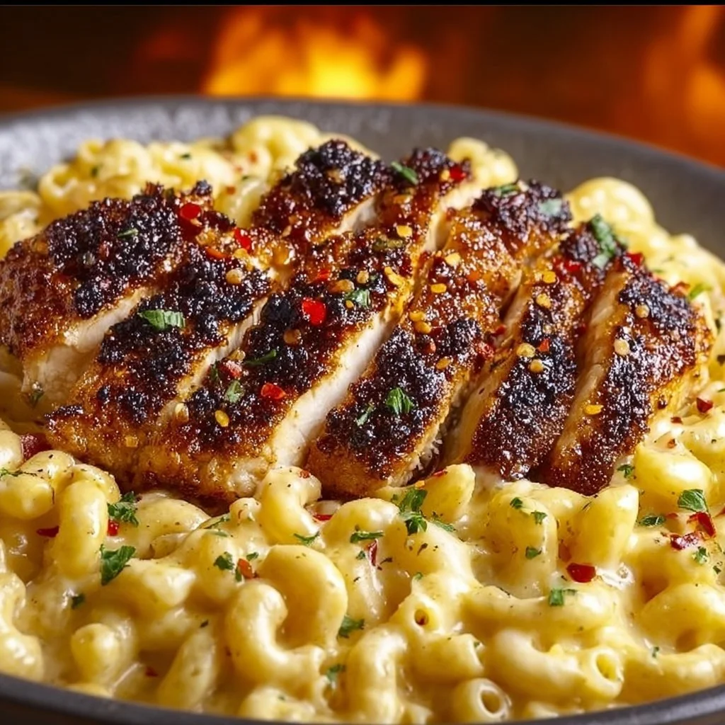 Delicious Honey Pepper Chicken served with creamy mac and cheese