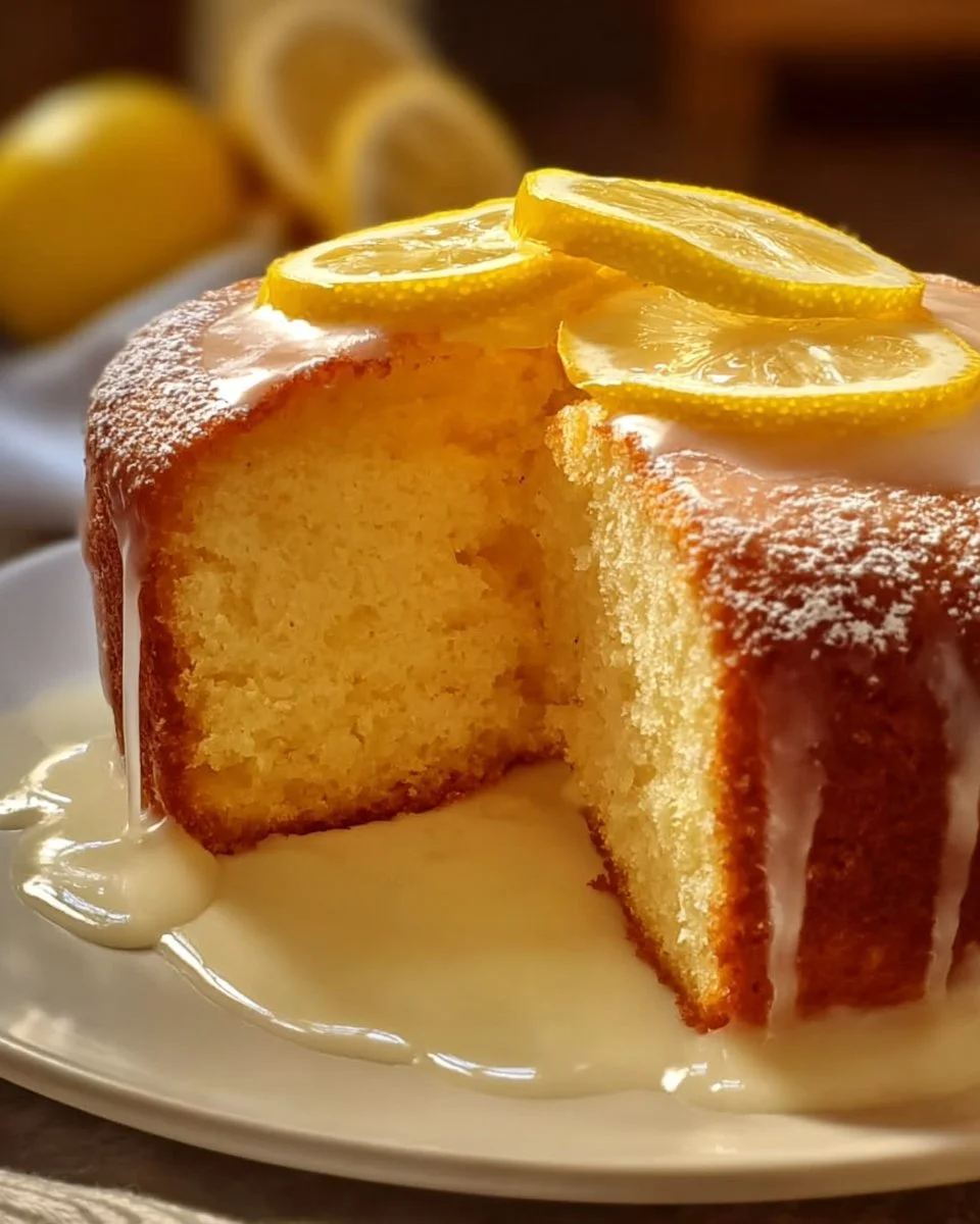 Delicious lemon cake with frosting and lemon slices on a plate
