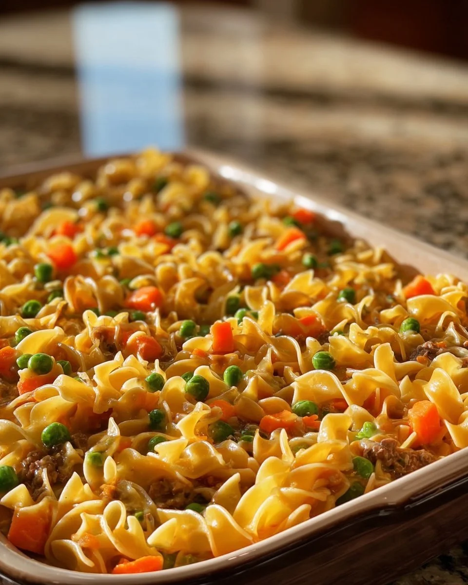 Amish Sunday Savior Casserole served in a baking dish with fresh herbs