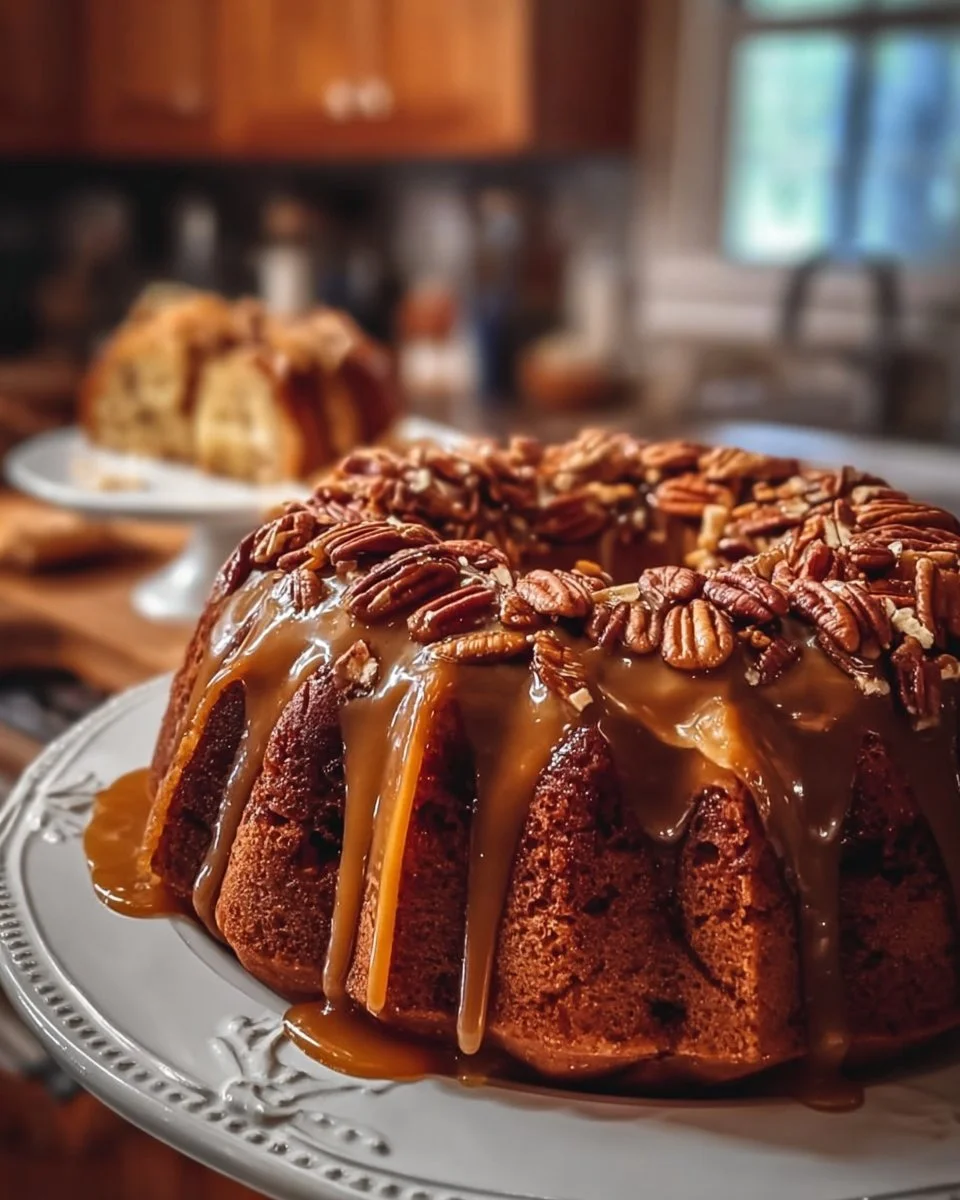 This delectable Caramel Pecan Bundt Cake topped with caramel drizzle and pecans.