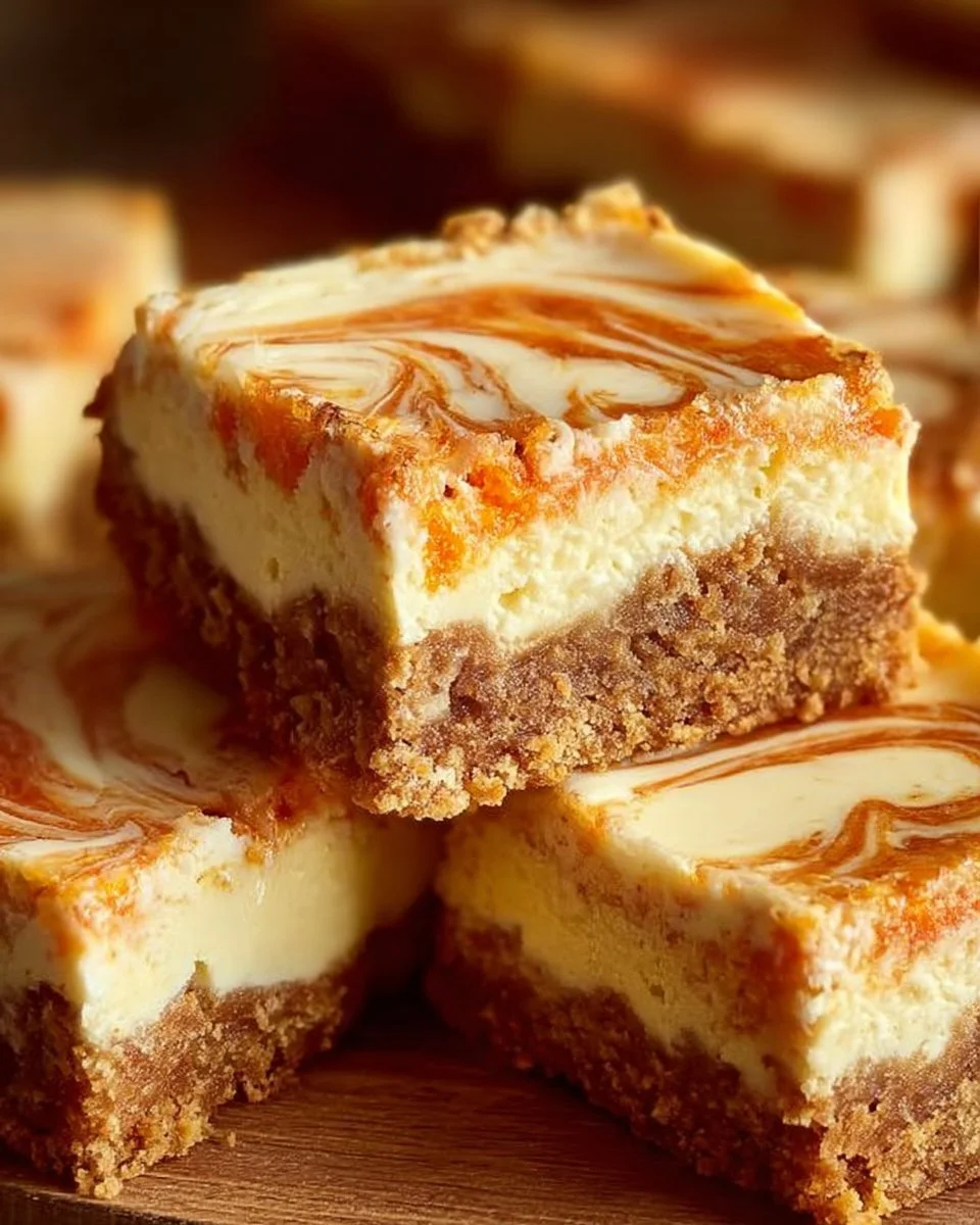 Delicious carrot cake bars with cheesecake swirl on a white plate