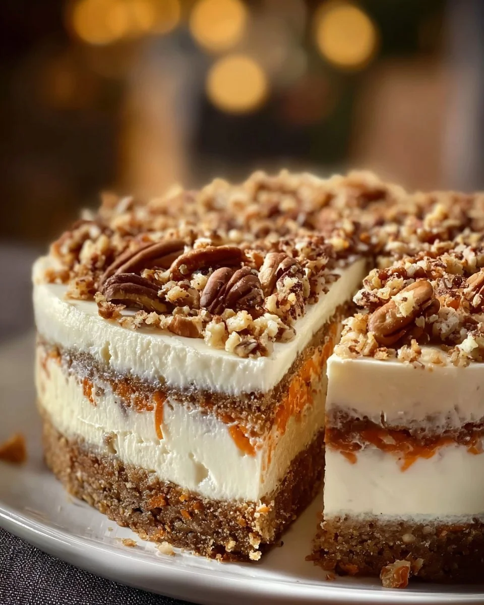 Delicious Carrot Cake Cheesecake topped with cream cheese frosting and walnuts.
