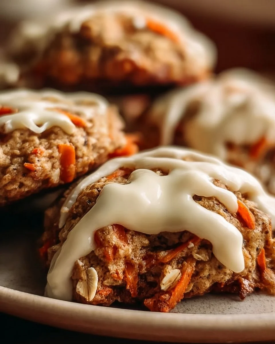 Carrot oatmeal cookies with cream cheese frosting on a plate