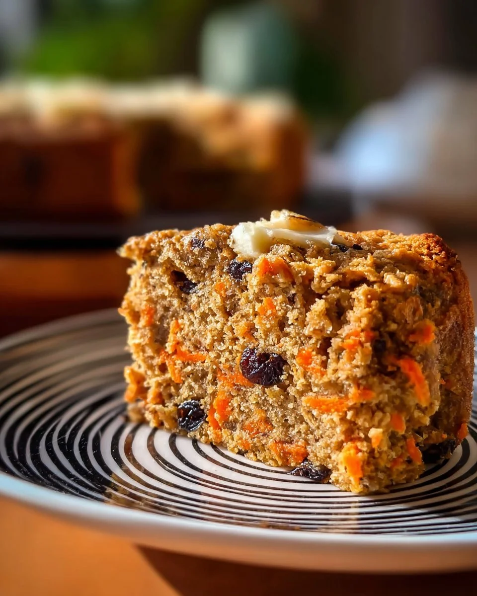 Delicious Carrot Raisin Oatmeal Yogurt Cake slice on a plate with a fork