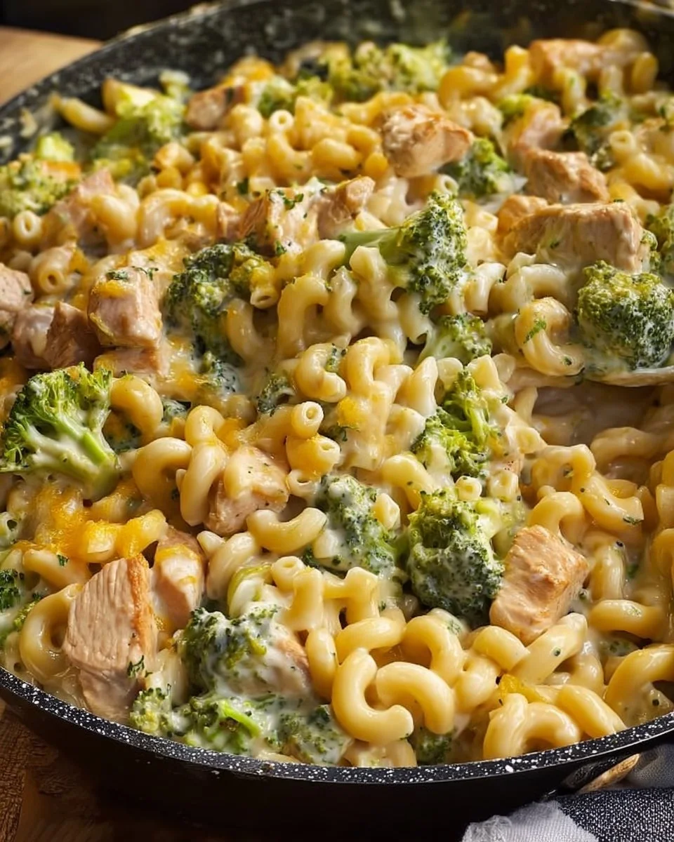 Creamy cheesy chicken broccoli macaroni dish in a baking dish