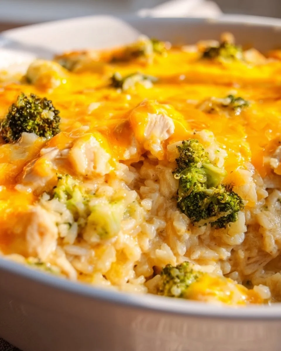 Cheesy chicken broccoli rice casserole baked with melted cheese and vegetables.