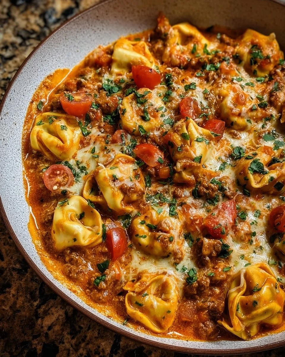Cheesy Enchilada Beef Tortellini Skillet topped with cheese and cilantro