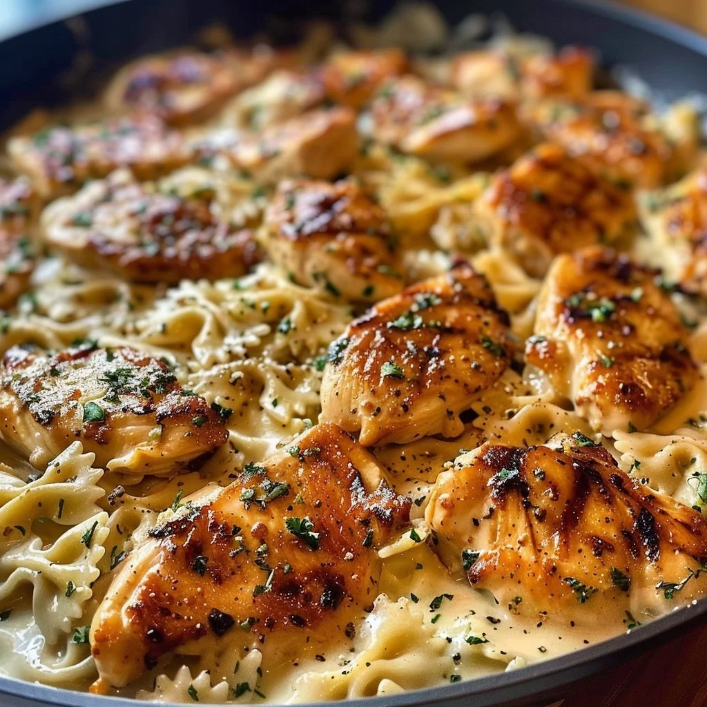 Cheesy garlic butter chicken bowties served on a plate with fresh herbs.