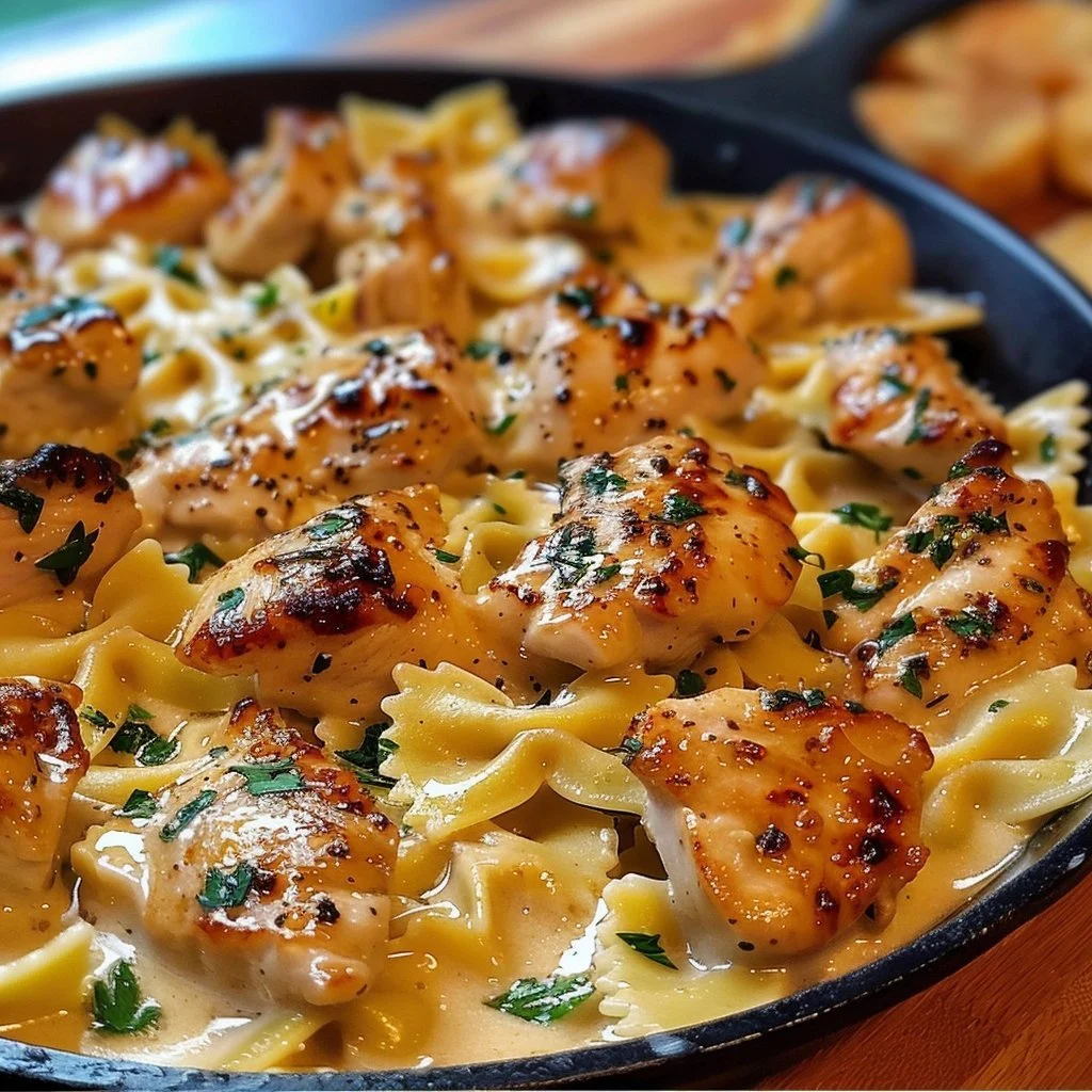 Cheesy garlic butter chicken served with bowtie pasta in a creamy sauce
