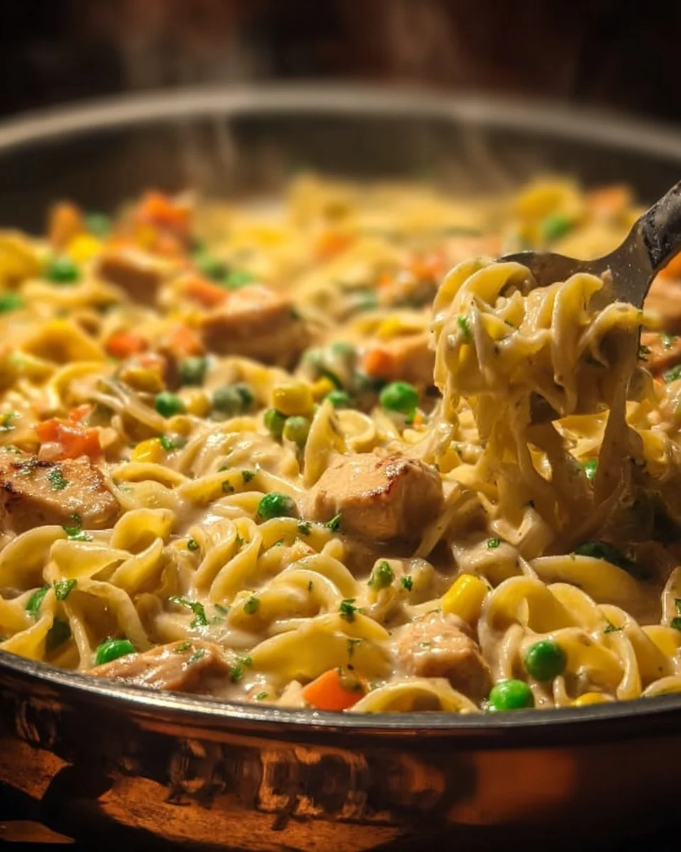 Creamy chicken pot pie pasta with vegetables in a bowl