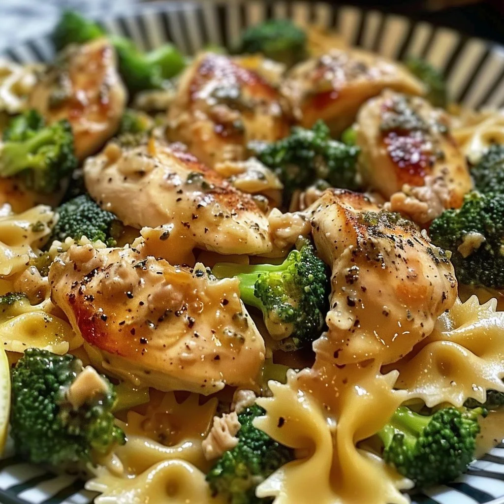 Cowboy Butter Lemon Bowtie Chicken served with broccoli on a plate