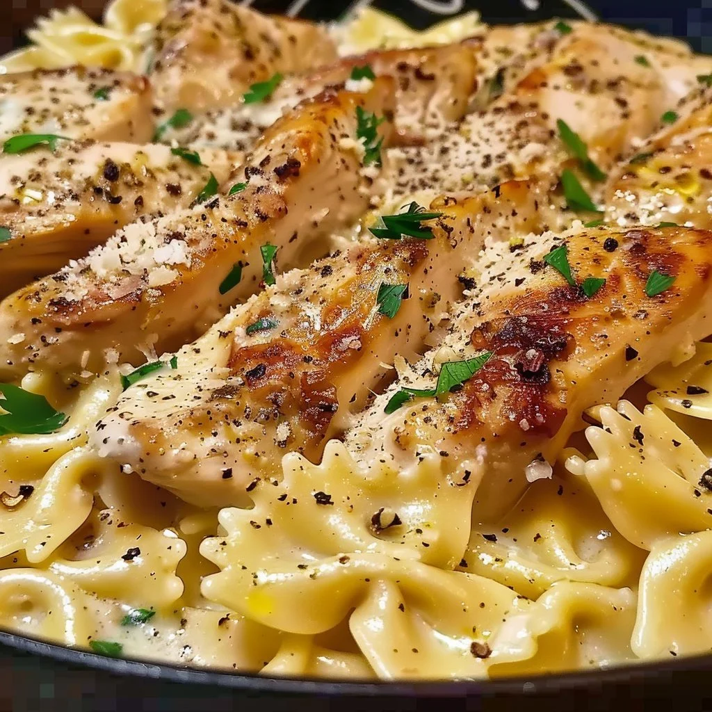 Creamy Garlic Chicken Bowtie Pasta topped with fresh herbs and parmesan