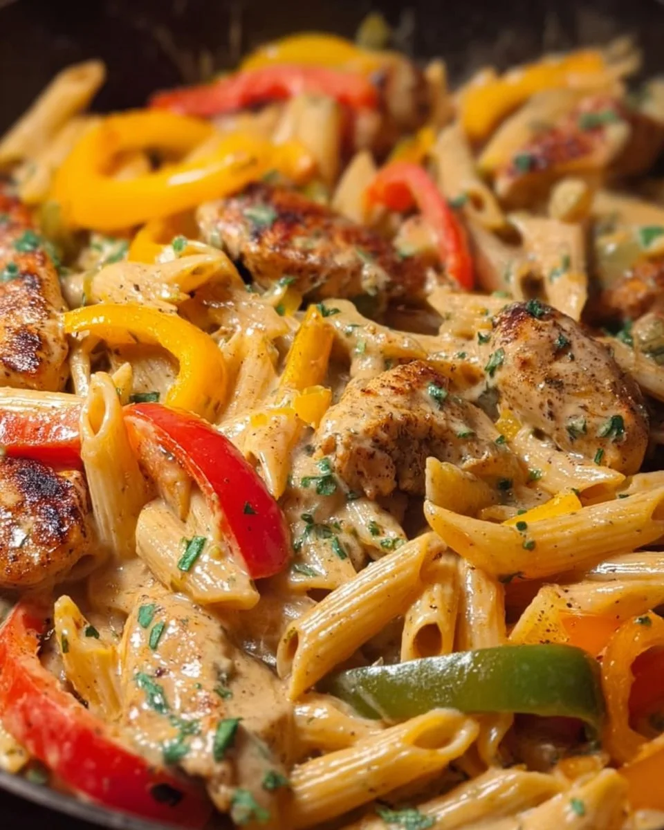 Delicious Creamy Jerk Chicken Rasta Pasta in a colorful bowl