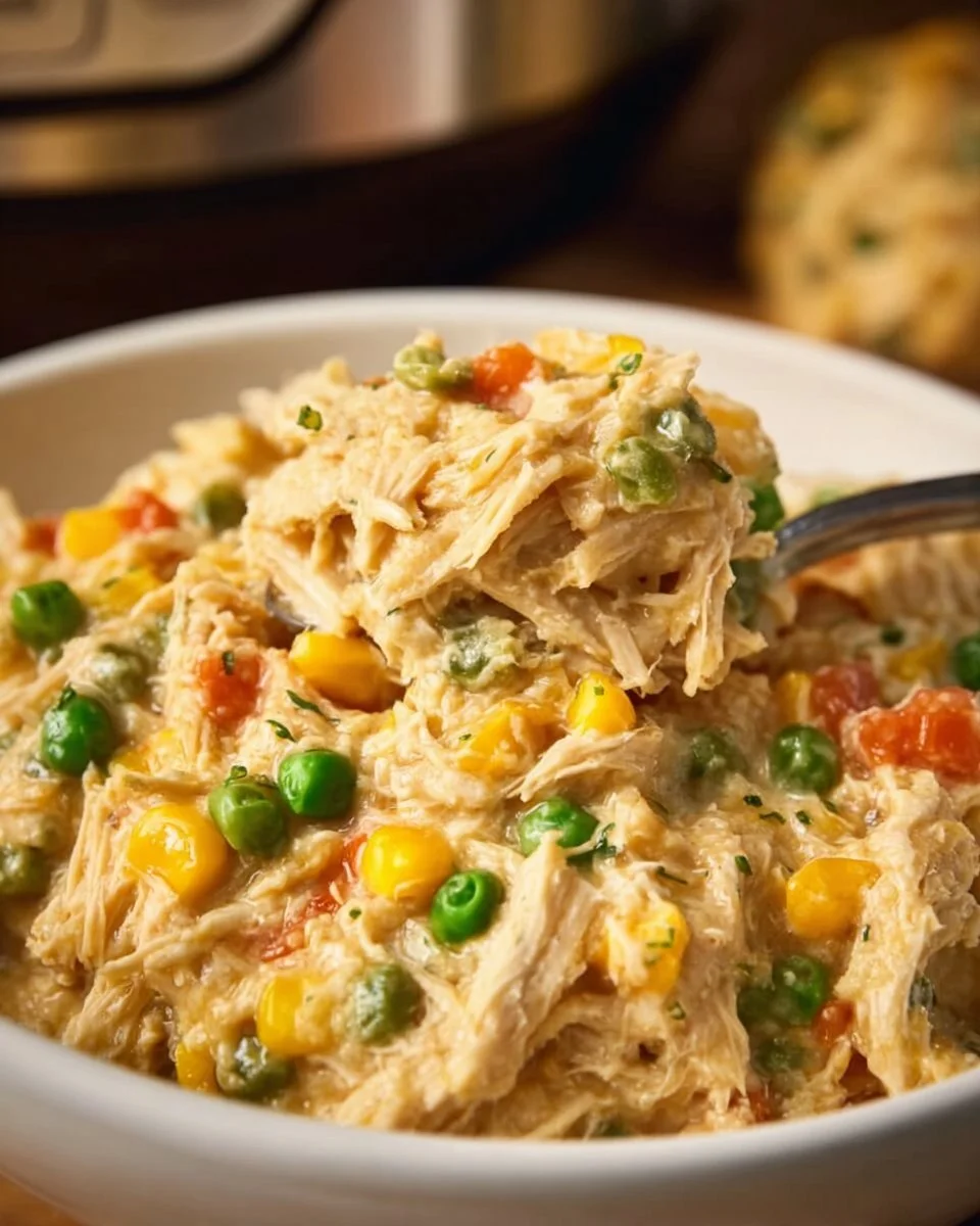 Crockpot chicken and stuffing casserole in a serving dish garnished with herbs.