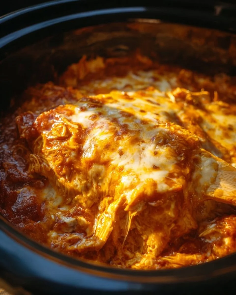 Delicious Crockpot chicken enchilada casserole topped with cheese and cilantro