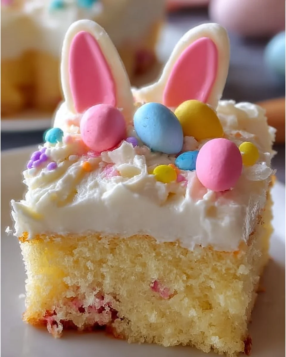 A colorful Easter Bunny Poke Cake decorated with pastel colors and bunny design.