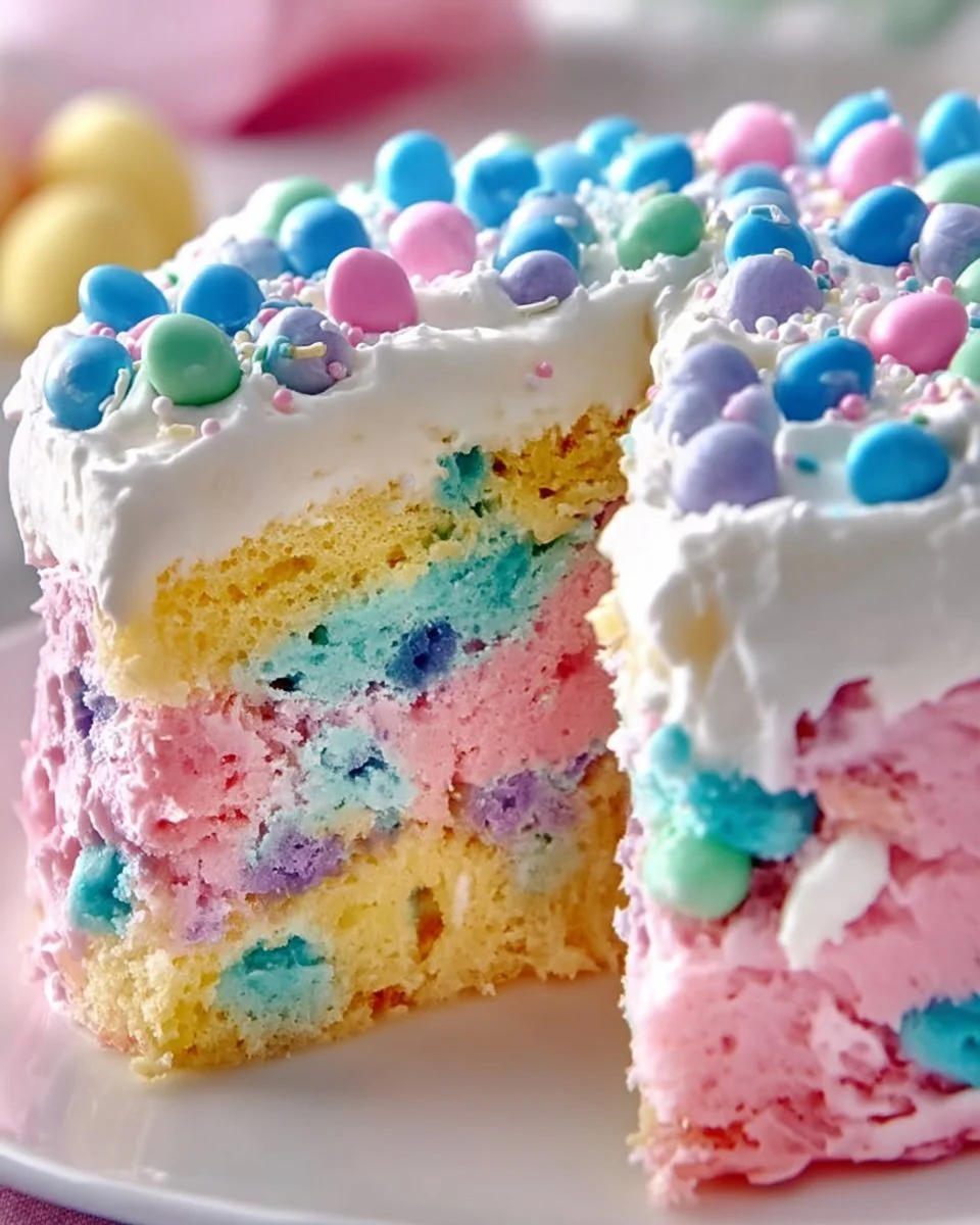 Colorful Easter Poke Cake topped with whipped cream and festive decorations
