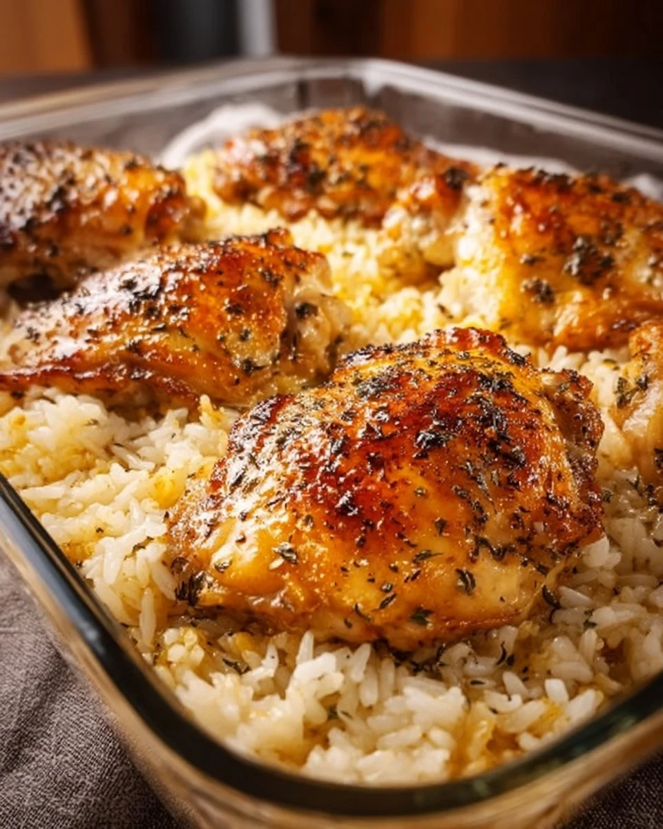 Delicious Forgotten Chicken and Rice dish served with fresh herbs and spices