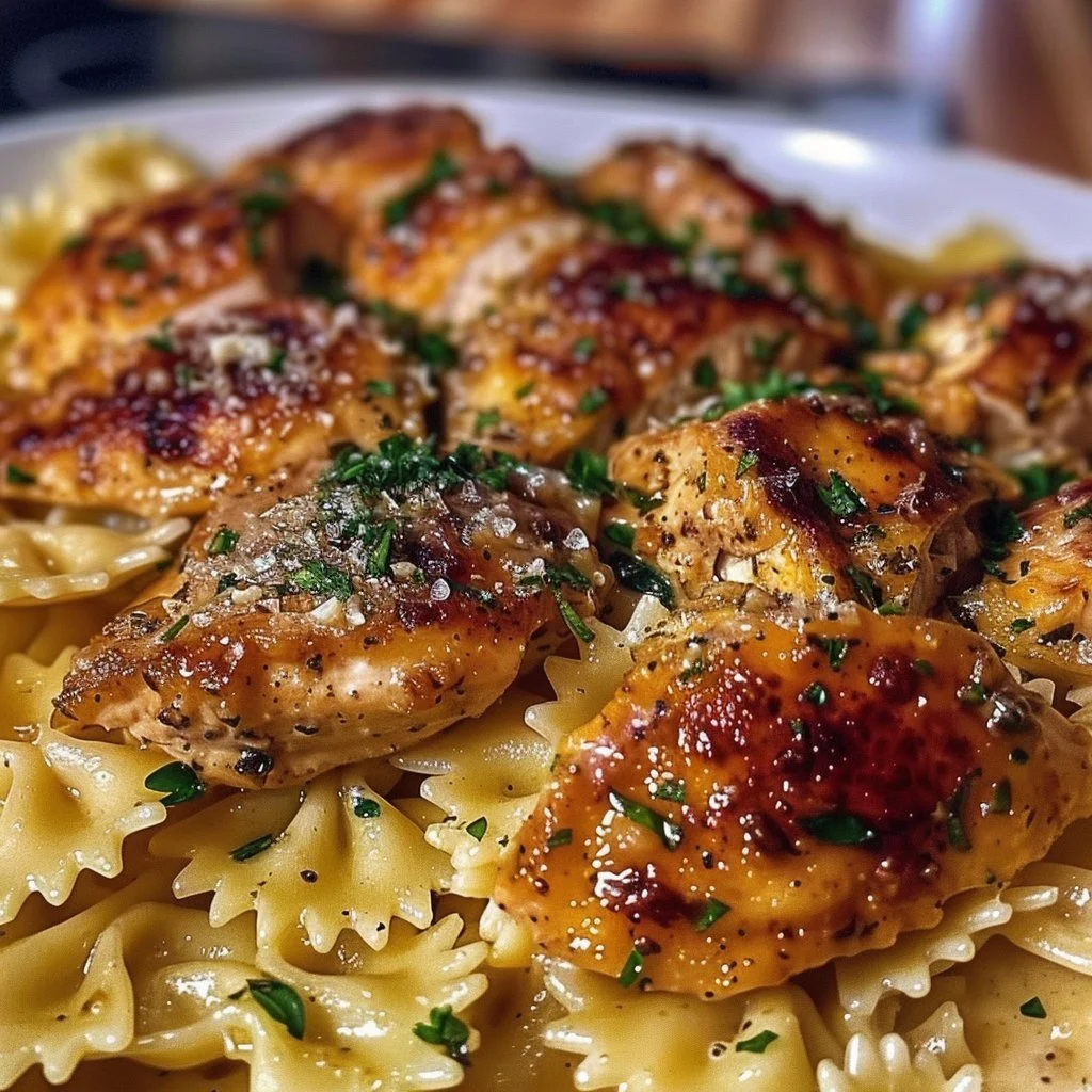 Delicious Garlic Butter Chicken served with bowtie pasta for a hearty meal