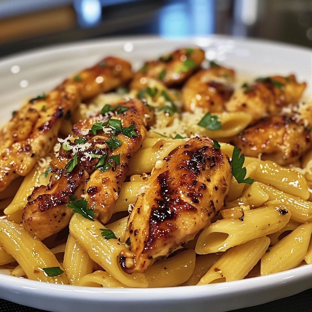 Garlic butter chicken bites served over pasta, garnished with herbs.