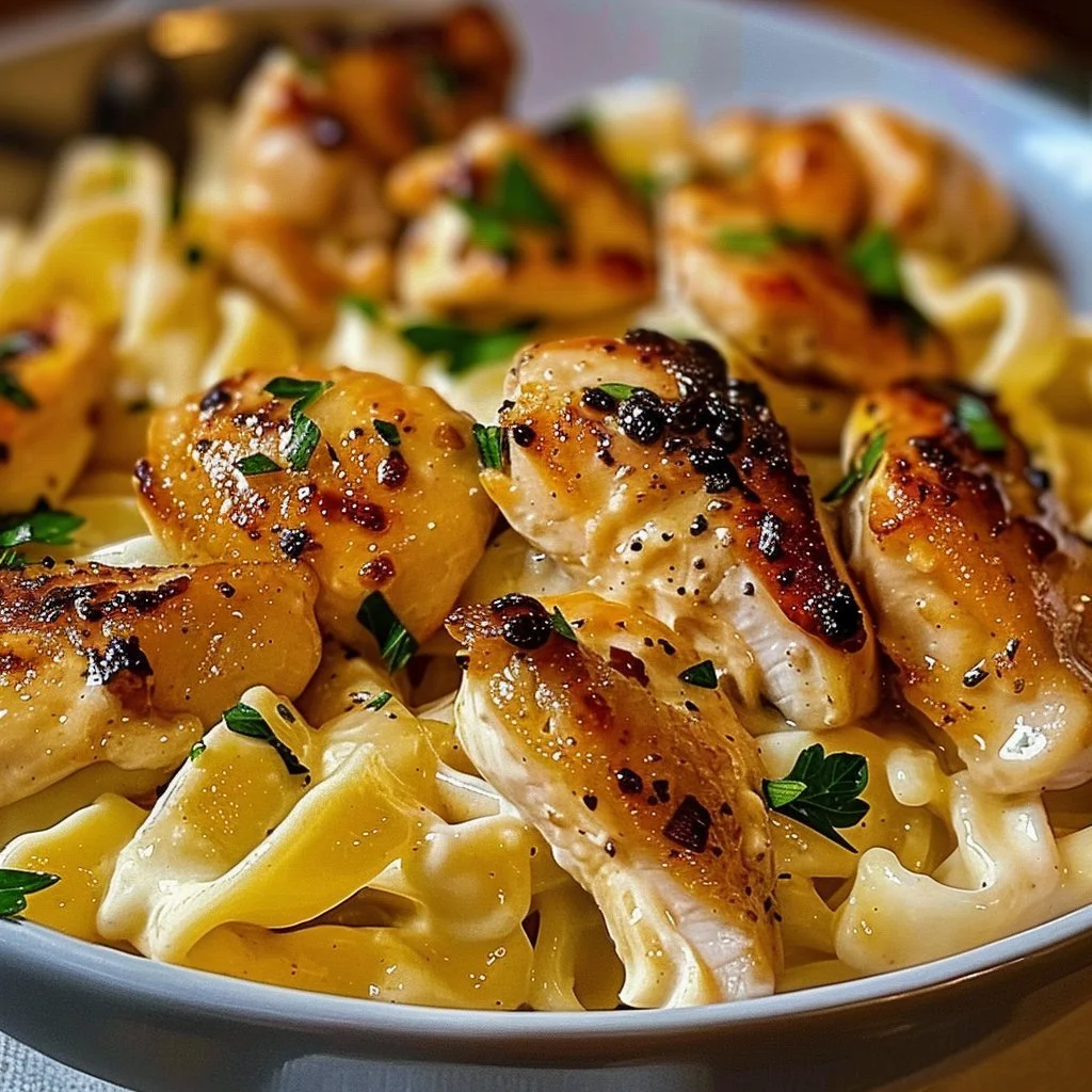 Plate of Garlic Butter Chicken Bites served with creamy Parmesan pasta