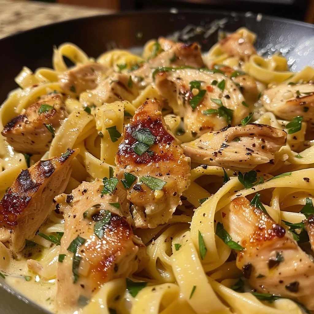 Plate of garlic butter chicken pasta garnished with parsley and parmesan cheese.