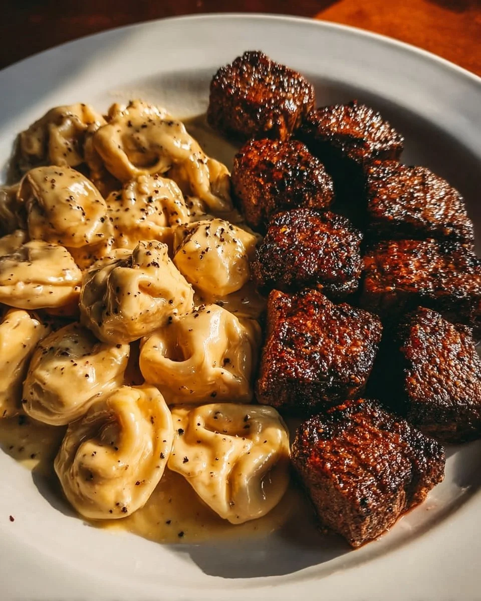 Garlic butter steak bites served with creamy alfredo tortellini