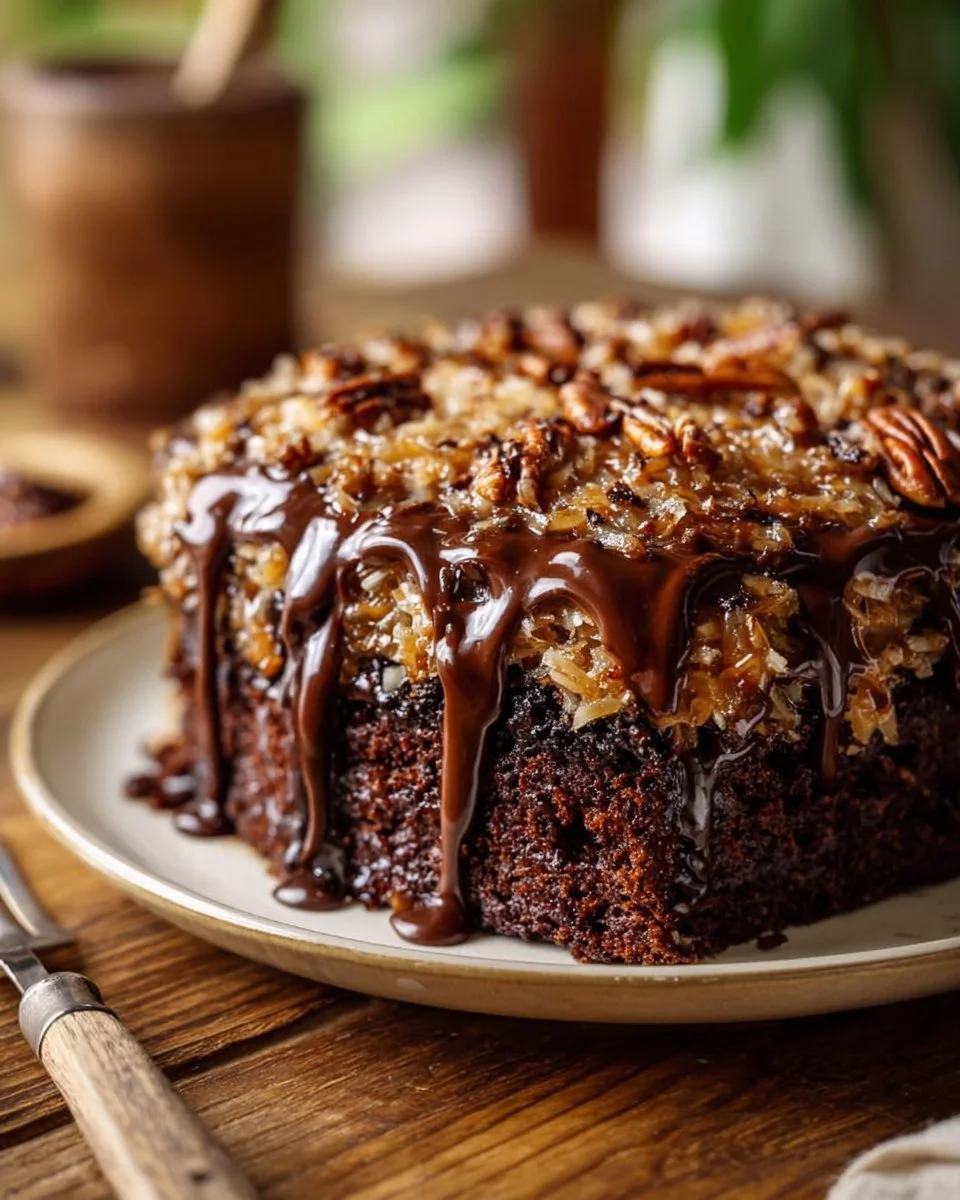 German Chocolate Poke Cake Squares