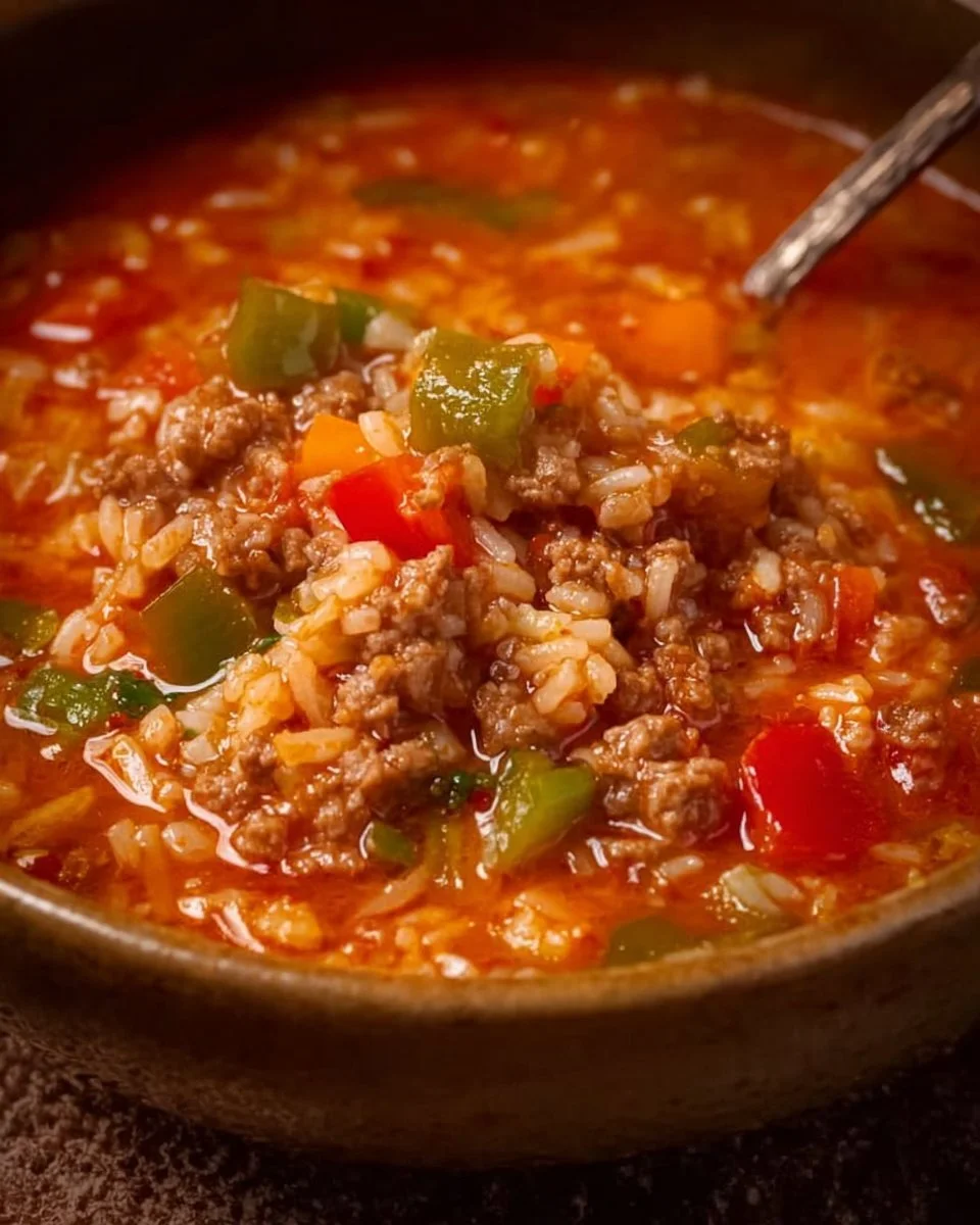 A bowl of hearty stuffed pepper soup with colorful peppers and herbs.