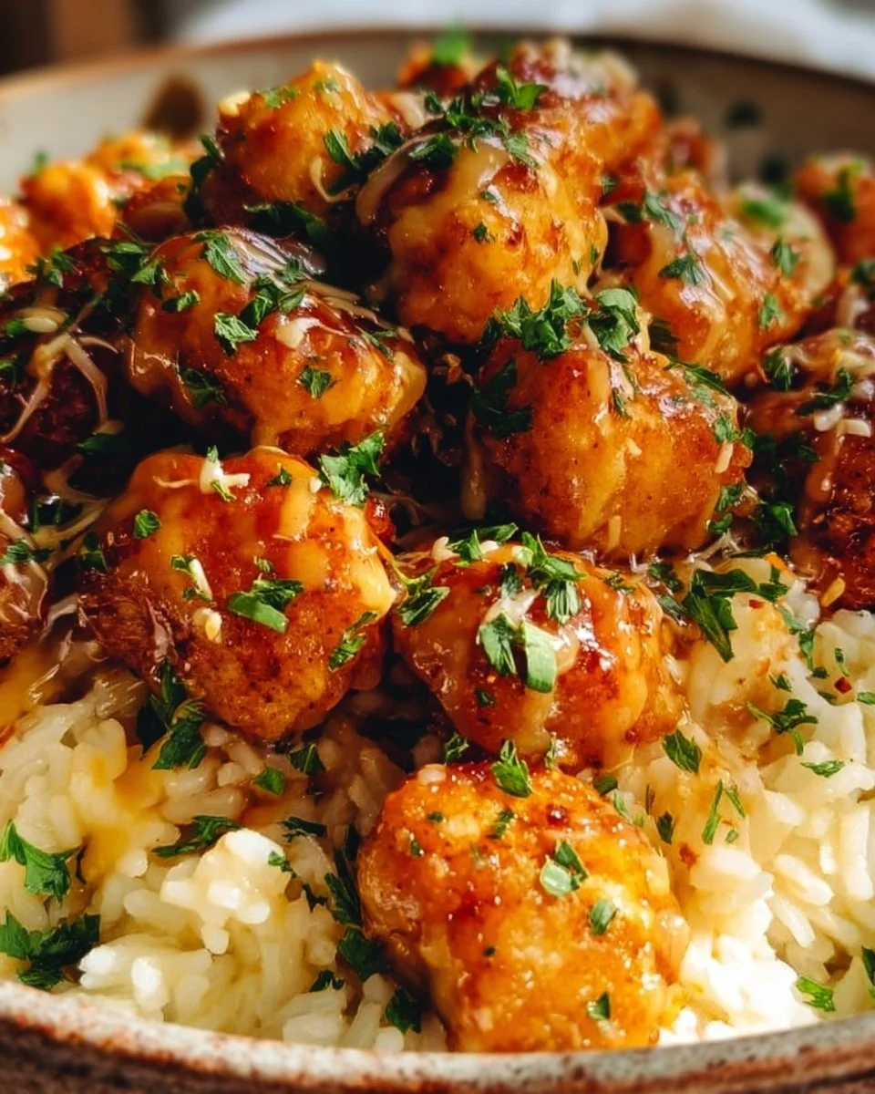 Honey Garlic Chicken Bites with Creamy Parmesan Rice