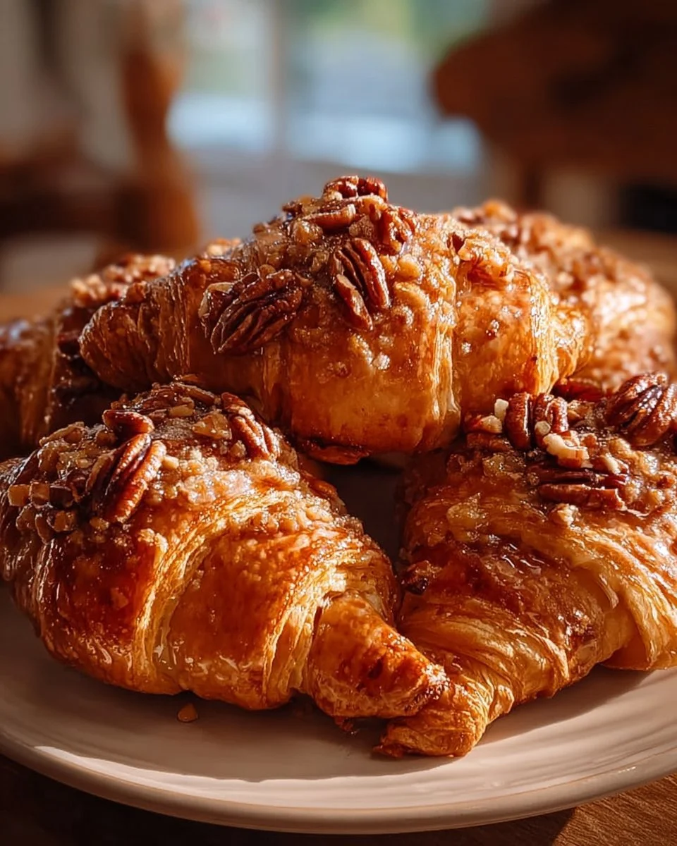 Freshly baked Honey Pecan Croissants topped with honey and pecans.