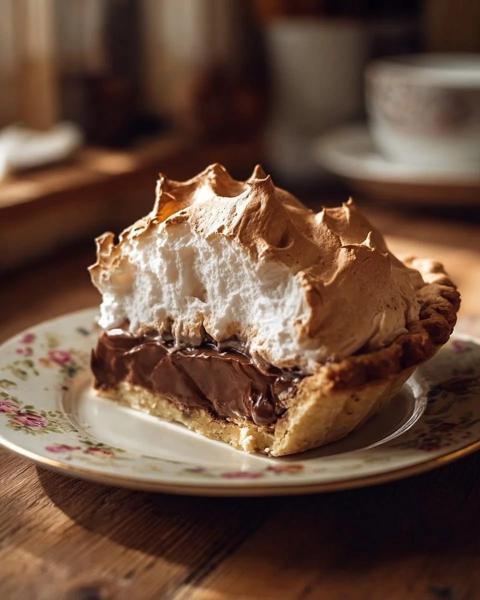 Delicious old fashioned chocolate meringue pie with fluffy meringue topping