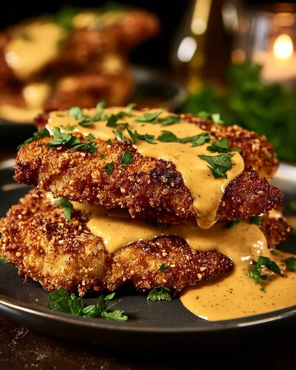 Pretzel-crusted chicken served with creamy mustard cheddar sauce on a plate.