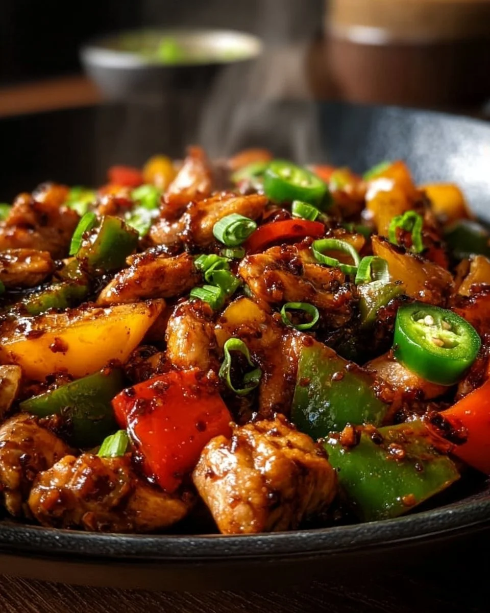 Spicy jalapeño chicken stir-fry served in a colorful bowl